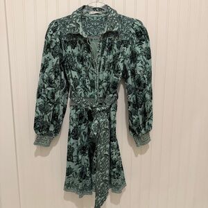 Alice + Olivia Green and Black Patterned Tiffie Mini Belted Dress
